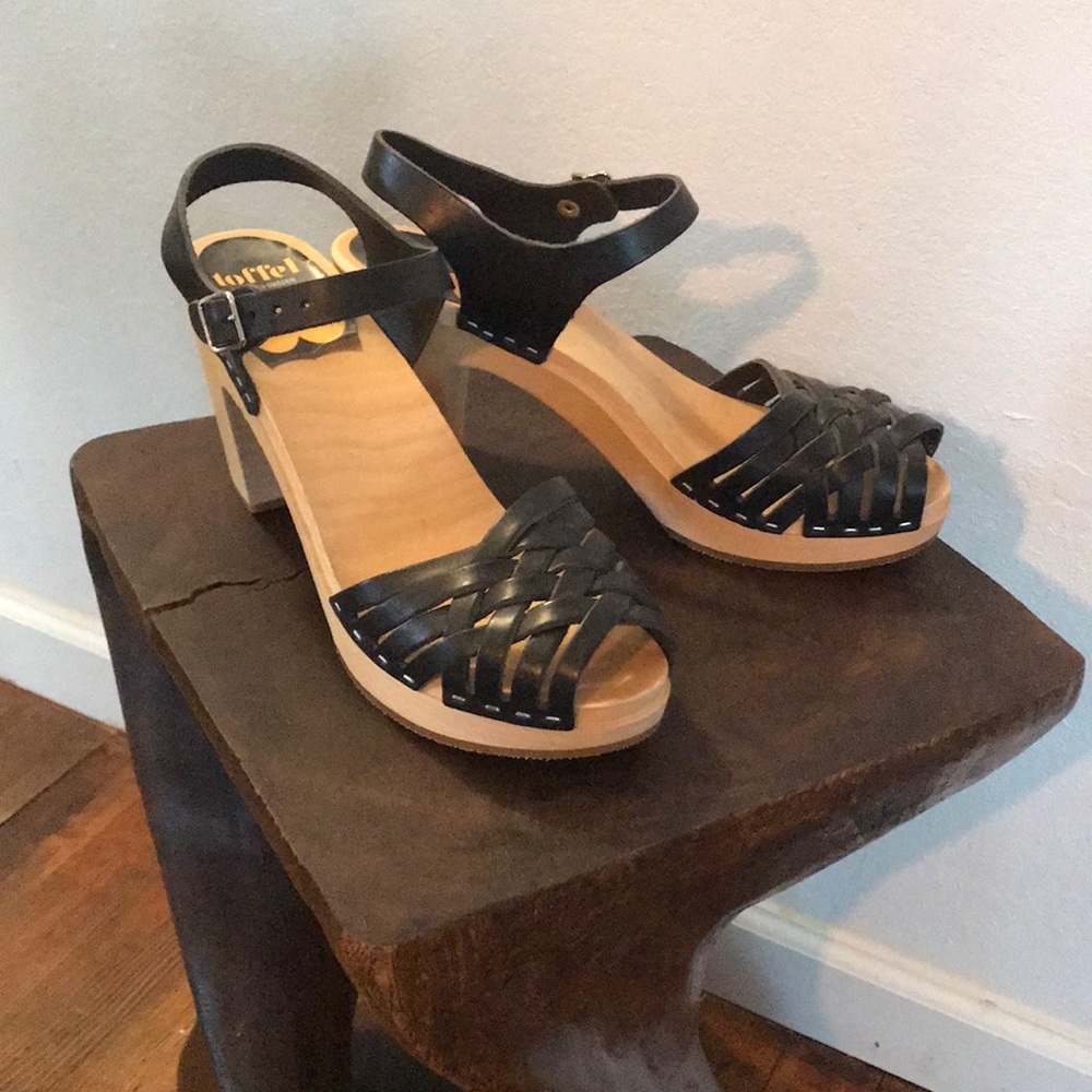 Swedish Hasbeens Toffel Braided Black Leather Clog Sandal 41
